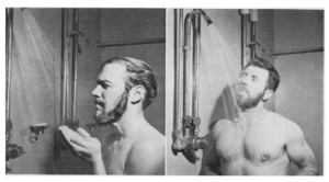 Figure 1: "each man lathered his beard with a soap containing 2% hexachlorophene and then rinsed it by one of two beard-washing methods:(i) a splashing method, by cupping the hands to catch the water and then splashing the water across the face; or (ii) a shower stream method, by placing the face directly under the stream of water from the shower head.