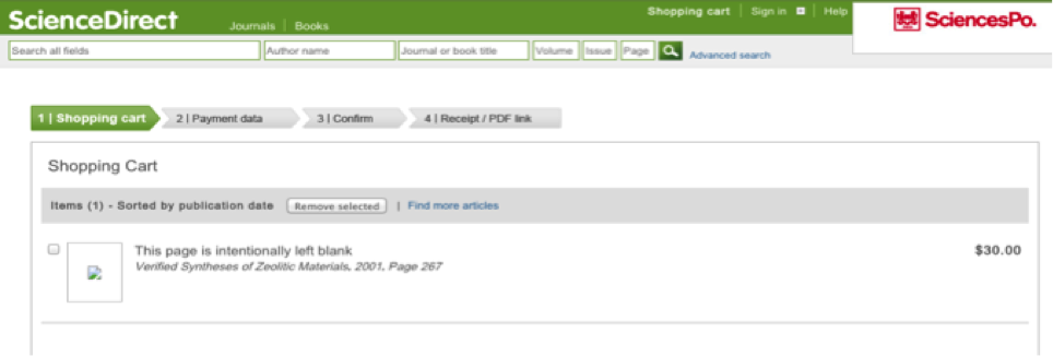 Figure 2: screenshot of the ScienceDirect checkout page, accessed via an institutional login from SciencesPo, showing the cost of an IBP taken from Verified Synthesis of Zeolitic Materials (2001).