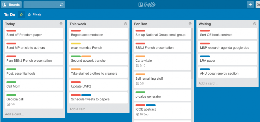 On older Trello setup, before I started prioritising one big thing per day.** Colour coding: red=work, blue=PhD, green=blog, orange=admin